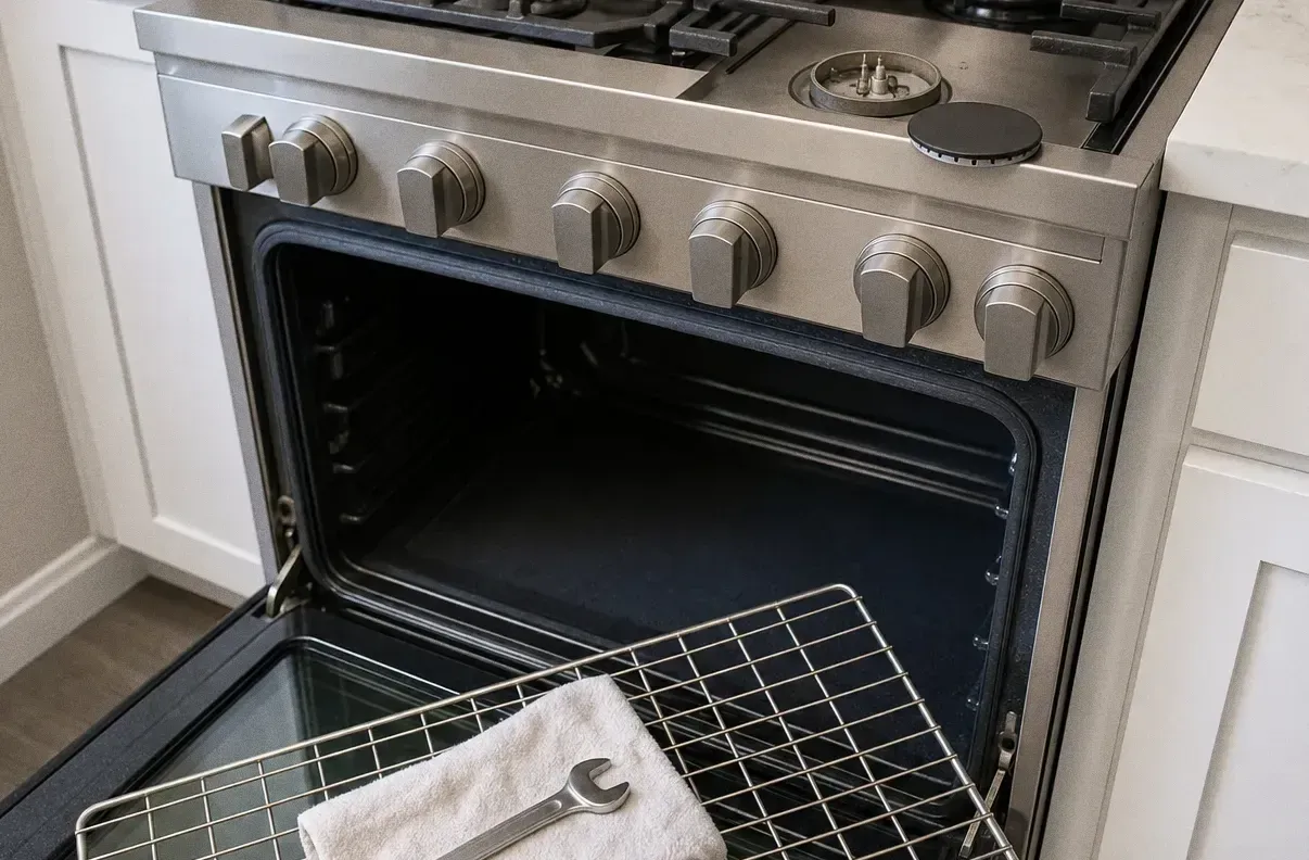 A stainless pro-style range with cast-iron grates, the oven door open and empty, a wrench on a folded towel across the door